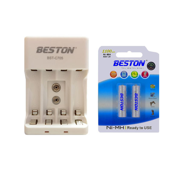 شارژر باتری بستون مدل BST-C705 به همراه 2 عدد باتری نیم قلمی