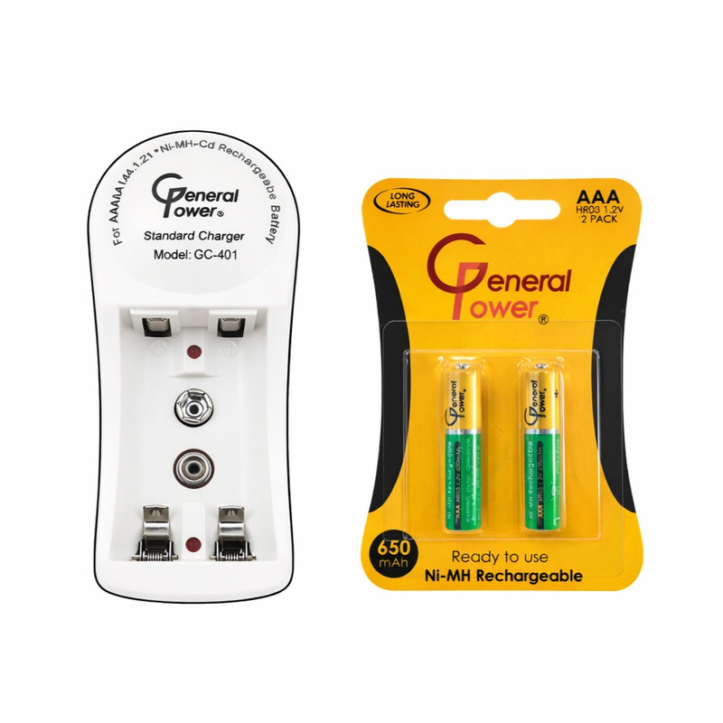 شارژر باتری جنرال پاور مدل GC-401 به همراه باتری نیم قلمی قابل شارژ بسته دو عددی